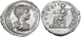 Geta (198-212). AR Denarius, 200-202. Obv. P SEPT GETA CAES PONT. Bare-headed and draped bust right. Rev. SECVRIT IMPERII. Securitas seated left, hold...