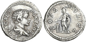 Geta (198-212). AR Denarius, 203-208. Obv. Bare-headed and draped bust right. Rev. Geta, veiled, togate, standing left, sacrificing out of patera in r...
