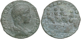 Geta (198-212). AE As, Rome mint, 203-208. Obv. GETA CAES PONTIF COS. Bust of Geta, bare-headed, draped, right. Rev. FELICITAS SAECVLI S C. Septimius ...