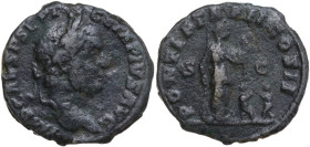 Geta (198-212). AE As, Rome mint, 210 AD. Obv. IMP CAES P SEPT GETA PIVS AVG. Head of Geta, laureate, right. Rev. PONTIF TR P II COS II S C. Woman sta...