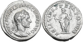Macrinus (217-218). AR Denarius. Obv. IMP C M OPEL SEV MACRINVS AVG. Radiate and cuirassed bust right. Rev. FELICITAS TEMPORVM. Felicitas standing lef...