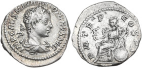 Elagabalus (218-222). AR Denarius, Rome mint, 218 AD. Obv. IMP CAES M AVR ANTONINVS AVG. Bust of Elagabalus, laureate, draped, right. Rev. P M TR P CO...