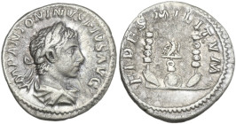 Elagabalus (218-222). AR Denarius, 218-222. Obv. Laureate and draped bust right. Rev. Legionary eagle perched between two standards with one or two sh...