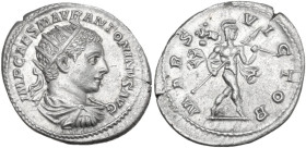 Elagabalus (218-222). AR Denarius. Obv. IMP CAES M AVR ANTONINVS AVG. Laureate, draped and cuirassed bust right. Rev. MARS VICTOR. Mars advancing righ...