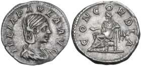 Julia Paula, first wife of Elagabalus (218-222). AR Denarius, 220 AD. Obv. IVLIA PAVLA AVG. Draped bust right. Rev. CONCORDIA. Concordia seated left, ...