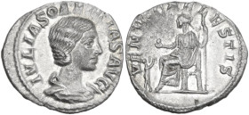 Iulia Soaemias, mother of Elagabalus (died 222 AD). AR Denarius, 220-222. Obv. IVLIA SOAEMIAS AVG. Draped bust right. Rev. VENVS CAELESTIS. Venus seat...