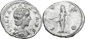 Julia Maesa (died 225 AD). AR Denarius, struck under Elagabalus, 218-220. Obv. IVLIA MAESA AVG. Draped bust right. Rev. IVNO. Juno standing left holdi...
