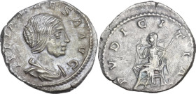 Julia Maesa (died 225 AD). AR Denarius, 218-222. Obv. IVLIA MAESA AVG. Draped bust right. Rev. PVDICITIA. Pudicitia seated left, drawing veil from fac...