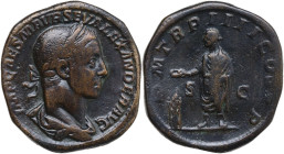 Severus Alexander (222-235). AE Sestertius, Rome mint, 225 AD. Obv. IMP CAES M AVR SEV ALEXANDER AVG. Bust of Severus Alexander, laureate, draped, rig...