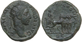 Severus Alexander (222-235). AE Dupondius, 229 AD. Obv. Radiate head right. Rev. Severus Alexander, togate, in quadriga, right, holding sceptre surmou...
