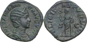 Julia Mamaea (died 235 AD). AE Sestertius, 222-235. Obv. Bust right, diademed, draped. Rev. Felicitas standing left, legs crossed, holding caduceus an...