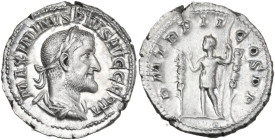Maximinus I (235-238). AR Denarius, 235-236. Obv. MAXIMINVS PIVS AVG GERM. Laureate, draped and cuirassed bust right. Rev. PM TR P II COS PP. Emperor,...