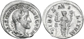 Maximinus I (235-238). AR Denarius, 235-236. Obv. Laureate, draped and cuirassed bust right. Rev. Fides standing left, holding a standard in each hand...