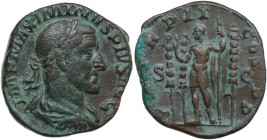 Maximinus I (235-238). AE Sestertius, Rome mint, 236 AD. Obv. IMP MAXIMINVS PIVS AVG. Bust of Maximinus I, laureate, draped, cuirassed, right. Rev. P ...