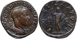 Gordian III (238-244). AE Sestertius, Rome mint, 241-244. Obv. IMP GORDIANVS PIVS FEL AVG. Bust of Gordian III, laureate, draped, cuirassed, right. Re...