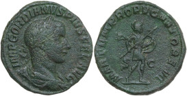 Gordian III (238-244). AE Sestertius. Obv. IMP GORDIANVS PIVS FEL AVG. Laureate, draped and cuirassed bust right. Rev. MARTEM PROPVGNATOREM SC. Mars a...