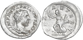 Philip I (244-249). AR Antoninianus. Obv. IMP M IVL PHILIPPVS AVG. Radiate, draped and cuirassed bust right. Rev. PAX AETERN. Pax advancing left, hold...