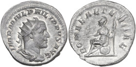 Philip I (244-249). AR Antoninianus, 247 AD. Obv. IMP M IVL PHILIPPVS AVG. Radiate, draped and cuirassed bust right. Rev. ROMAE AETERNAE. Roma seated ...