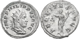 Philip I (244-249). AR Antoninianus, 247 AD. Obv. IMP PHILIPPVS AVG. Radiate, draped and cuirassed bust right. Rev. AEQVITAS AVG. Aequitas standing le...