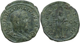 Philip I (244-249). AE Sestertius, 244 AD. Obv. IMP M IVL PHILIPPVS AVG. Laureate, draped and cuirassed bust right. Rev. FIDES MILITVM SC. Fides stand...
