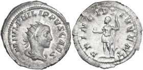Philip II (244-249). AR Antoninianus, Rome mint. Obv. M IVL PHILIPPVS CAES. Radiate, draped and cuirassed bust right. Rev. PRINCIPI IVVENT. Philip II ...