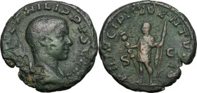 Philip II (244-249). AE As, 244-246. Obv. Draped bust right, head bare. Rev. Philip II standing left, holding standard and spear reversed. RIC IV 258b...