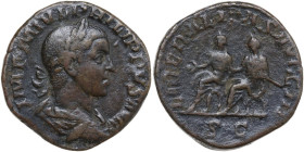 Philip II (244-249). AE Sestertius, 246-249. Obv. IMP M IVL PHILIPPVS AVG. Laureate, draped and cuirassed bust right. Rev. LIBERALITAS AVGG III SC. Ph...