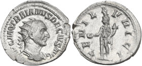 Trajan Decius (249-251). AR Antoninianus. Obv. Radiate, draped and cuirassed bust right. Rev. Genius standing left, wearing polos on head and chlamys ...