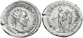 Trajan Decius (249-251). AR Antoninianus, 249 AD. Obv. IMP C M Q TRAIANVS DECIVS AVG. Radiate, draped and cuirassed bust right. Rev. GENIVS EXERC ILLV...