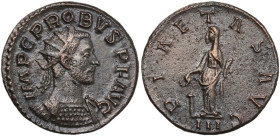 Probus (276-282). BI Antoninianus. Lugdunum mint. Obv. Radiate and cuirassed bust right. Rev. Pietas standing left by altar, holding patera and box of...