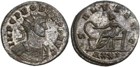 Probus (276-282). BI Antoninianus. Ticinum mint, 279 AD. Obv. Radiate and cuirassed bust right. Rev. Salus seated left, feeding serpent rising from al...