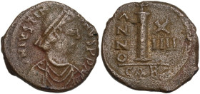 Justinian I (527-565). AE Decanummium, Carthage mint. Dated RY 14 (540/41). Obv. D N IVSTINI-ANVS P F AVG. Diademed, draped, and cuirassed bust right....
