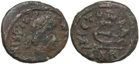 Justinian I (527-565). AE Pentanummium, Carthage mint, 547-552. Obv. Diademed, draped and cuirassed bust right. Rev. Large E (mark of value). MIB 204;...