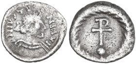 Justinian I (527-565). AR 1/8 Siliqua, Ravenna mint, 540-552. Obv. Diademed and draped bust right. Rev. Christogram on globe, all within wreath. MIB 7...