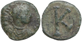 Justinian I (527-565). AE Half Follis, 552-565, Salona mint. Obv. Bust right, diademed, draped. Rev. Large K (mark of value). MIB 250; D.O. 360; Sear ...