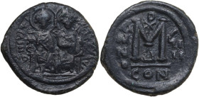Justin II and Sophia (565-578). AE Follis. Constantinople mint, 1st officina. Obv. Justin, holding globus cruciger in left hand, and Sophia, holding c...