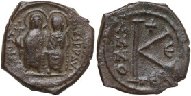 Justin II and Sophia (565-578). AE Half Follis. Thessalonica mint. Dated RY 4 (568/9). Obv. DN IVSTINVS PP AV. Nimbate figures of Justin and Sophia se...