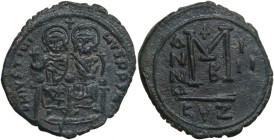Justin II and Sophia (565-578). AE Follis, Cyzicus mint, dated RY 3 (567-568). Obv. Emperor, holding globus cruciger, and empress, holding sceptre, se...