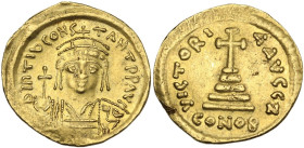 Tiberius II Constantine (578-582). AV Solidus, Constantinople mint, officina Z. Obv. Bust facing, crowned, wearing consular robe and holding globus cr...