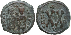 Phocas with Leontia (602-610). AE Half Follis. Theoupolis (Antioch) mint. Dated RY 4 (605/6). Obv. Phocas and Leontia standing facing, holding globus ...