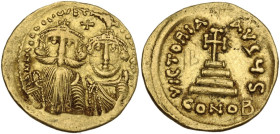 Heraclius (610-641). AV Solidus, Constantinople mint. Obv. Facing busts of Heraclius and Heraclius Constantine; each wears chlamys and crown with cros...
