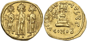 Heraclius, with Heraclius Constantine and Heraclonas (610-641). AV Solidus. Constantinople mint, 3th officina. Struck circa 639-641. Obv. Heraclonas, ...