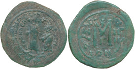 Heraclius (610-641). AE Follis, Constantinople mint, 613-614. Obv. Emperor and his son standing facing, crowned, both holding globus cruciger. Rev. La...
