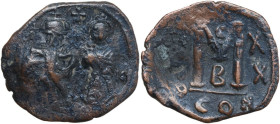 Heraclius, with Heraclius Constantine (610-641). AE Follis, Constantinople mint, dared RY 20 (629-630). Obv. Heraclius, holding long cross, and Heracl...