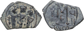 Heraclius, with Heraclius Constantine and Martina (610-641). AE Follis. Cyprus mint, 3rd officina. Dated RY 17 (625/6). Obv. Heraclius standing facing...