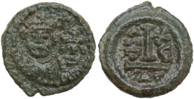 Heraclius, with Heraclius Constantine (610-641). AE Decanummium Catania mint. Dated RY 16 (625/6). Obv. Facing crowned, draped, and cuirassed busts of...