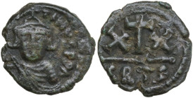Constans II, with Constantine IV (641-668). AE Half Follis, Carthage mint. Obv. Bust facing wearing crown and chlamys, and holding globus cruciger. Re...
