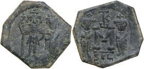Constans II (641-668). AE Follis, Syracuse mint. Obv. Constans with long beard and Constantine IV standing facing, holding respectively long cross and...