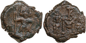 Constantine IV Pogonatus, with Heraclius and Tiberius (668-685). AE Follis. Syracuse mint. Struck 672-677. Obv. Constantine, helmeted and cuirassed, s...