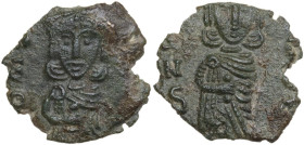 Leo III and Constantine V (717-741). AE 40 Nummi, Syracuse mint, AD 731-741. Obv. Leo III, bearded, standing facing, wearing crown and chlamys and hol...